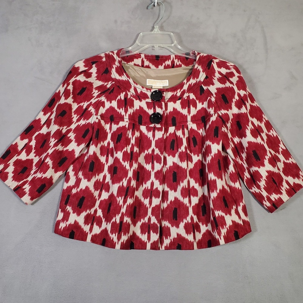 Michael Kors Jacket Womens PM Red Black Linen Ikat Print 3/4 Sleeves Boho Artsy